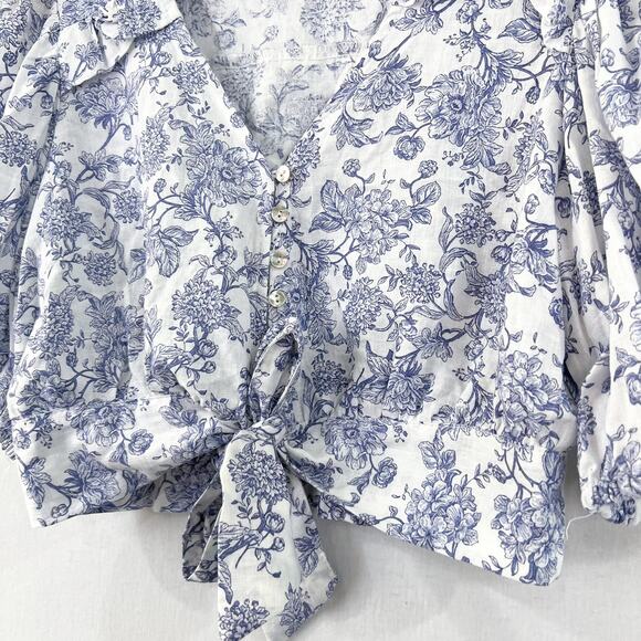 Cynthia Rowley Women's Blue Floral Linen Blend Crop Blouse XS Puff Sleeve Boho - Picture 5 of 7